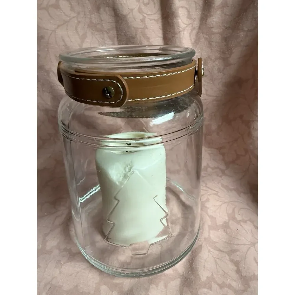 Glass Lantern with Embossed Tree Faux Leather Handle Christmas/ Winter Decor